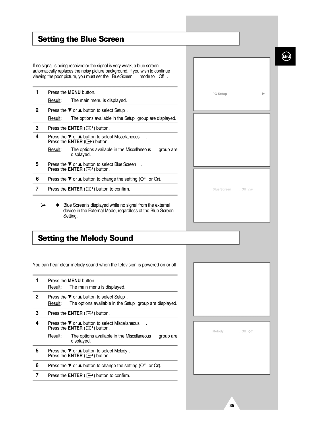 Samsung PS-37S4A manual Setting the Blue Screen, Setting the Melody Sound 