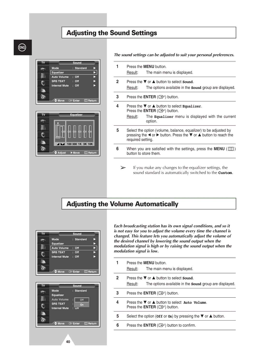 Samsung PS-37S4A manual Adjusting the Sound Settings, Adjusting the Volume Automatically 