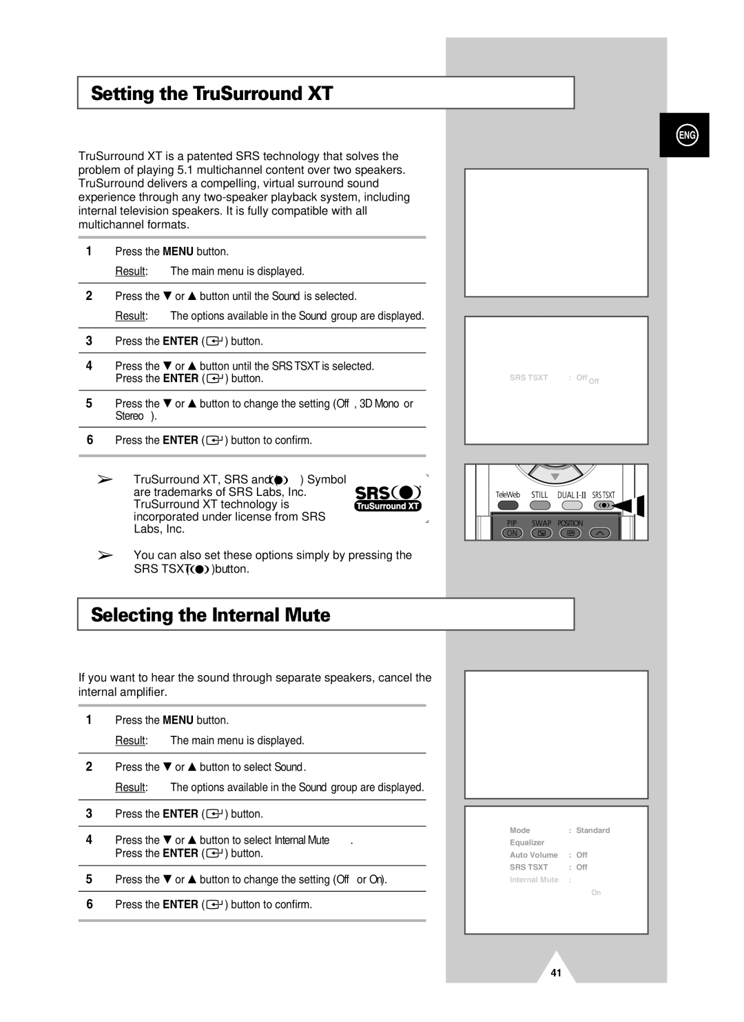 Samsung PS-37S4A manual Setting the TruSurround XT, Selecting the Internal Mute, Stereo 