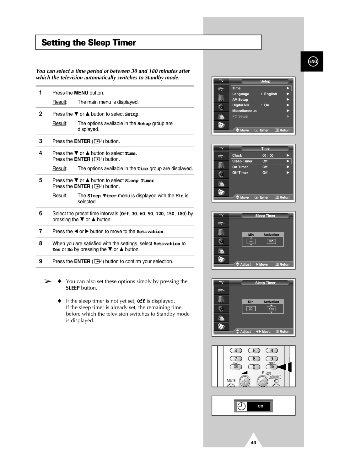 Samsung PS-37S4A manual Setting the Sleep Timer 