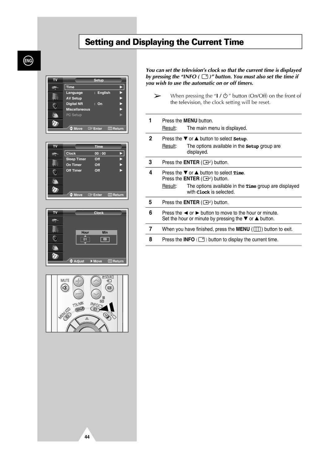Samsung PS-37S4A manual Setting and Displaying the Current Time 
