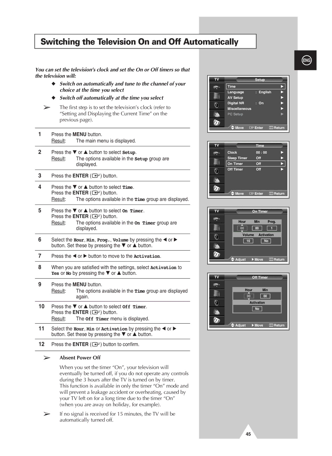 Samsung PS-37S4A manual Switching the Television On and Off Automatically, Absent Power Off 