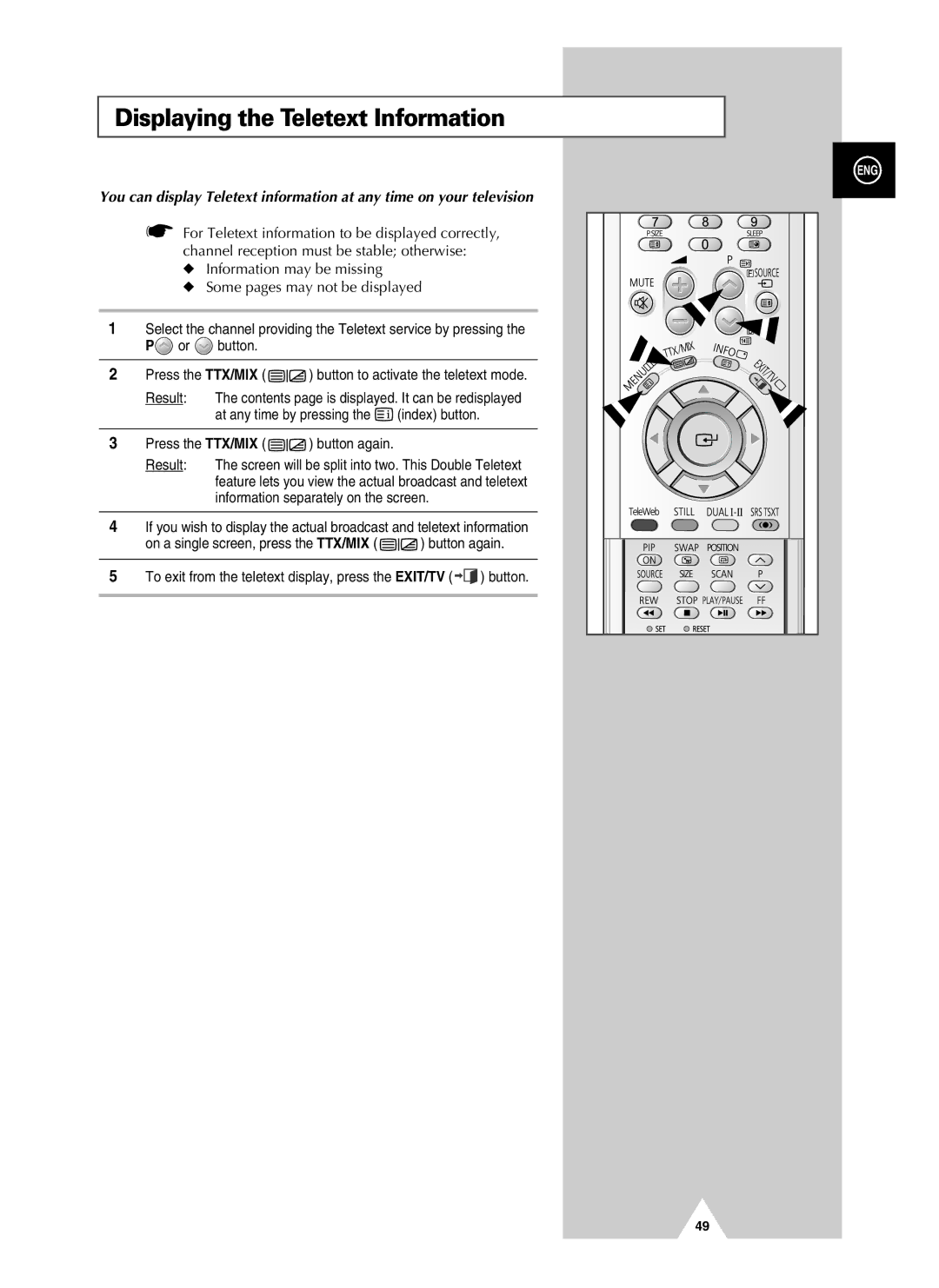 Samsung PS-37S4A manual Displaying the Teletext Information, Press the TTX/MIX button again 