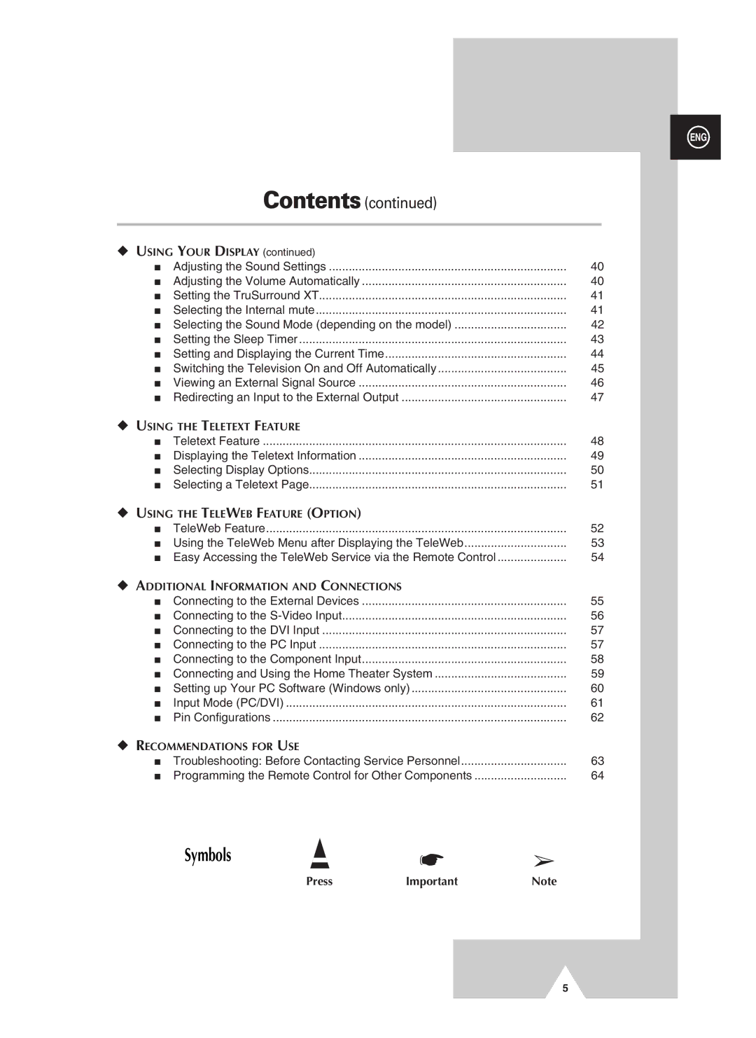 Samsung PS-37S4A manual Symbols, Contents 