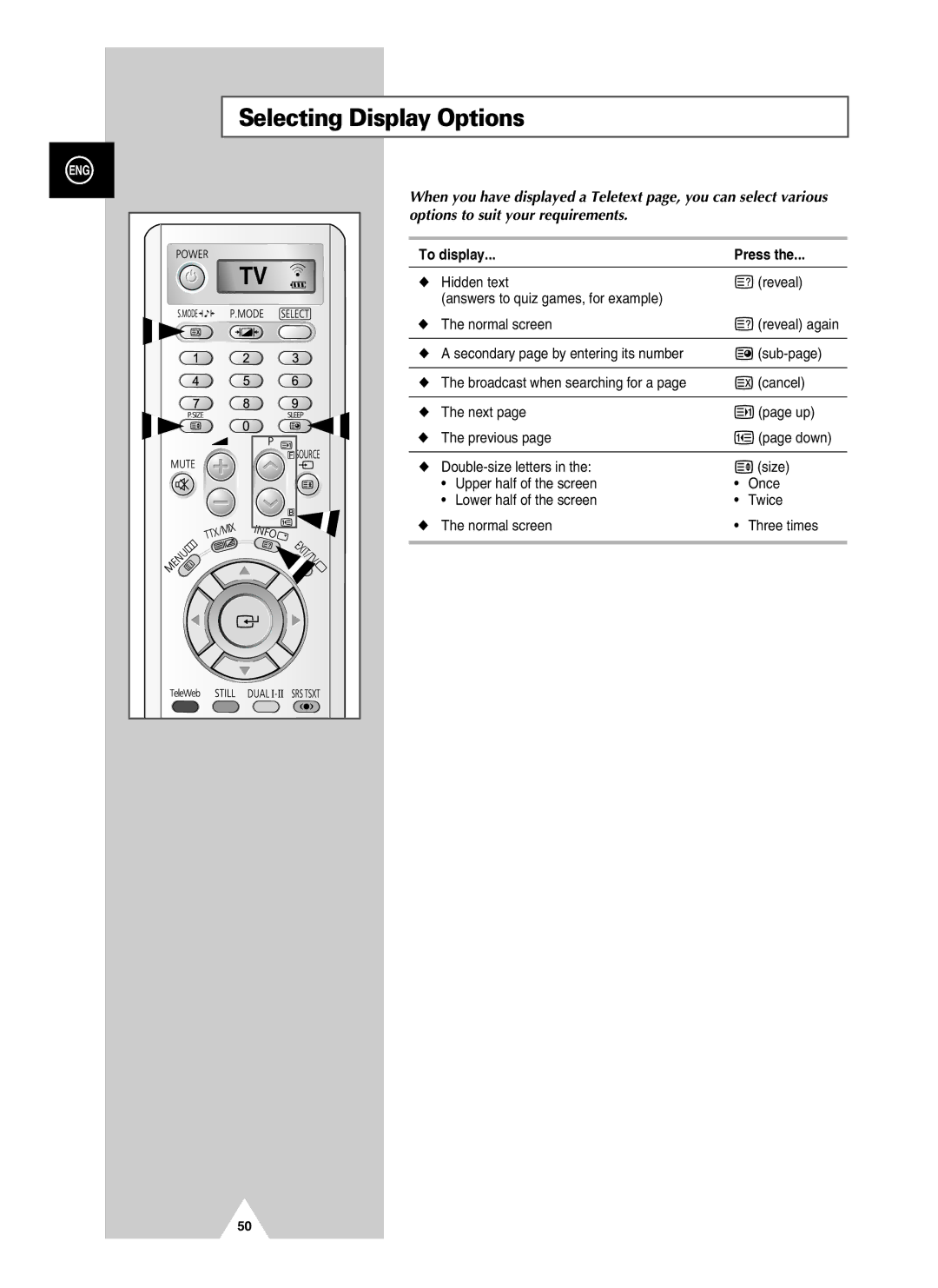 Samsung PS-37S4A manual Selecting Display Options, To display Press 