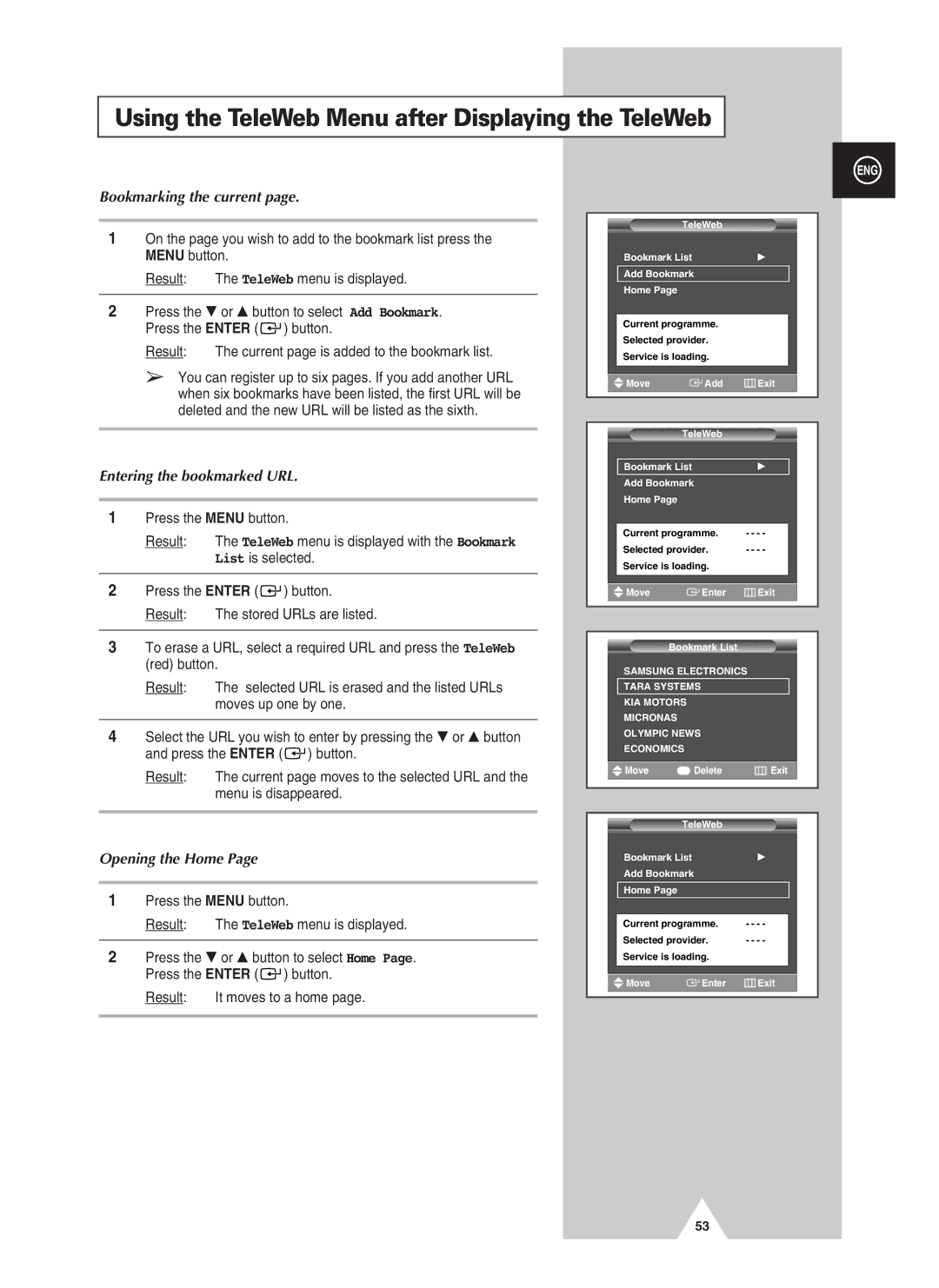 Samsung PS-37S4A Using the TeleWeb Menu after Displaying the TeleWeb, Bookmarking the current, Entering the bookmarked URL 