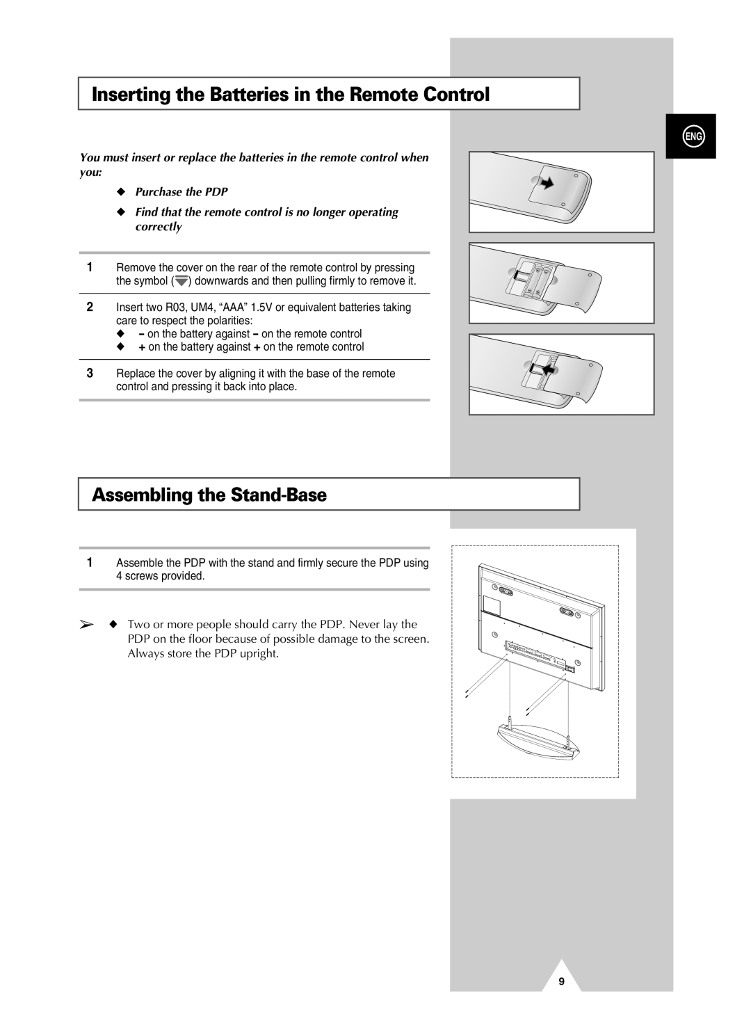 Samsung PS-37S4A manual Inserting the Batteries in the Remote Control, Assembling the Stand-Base 