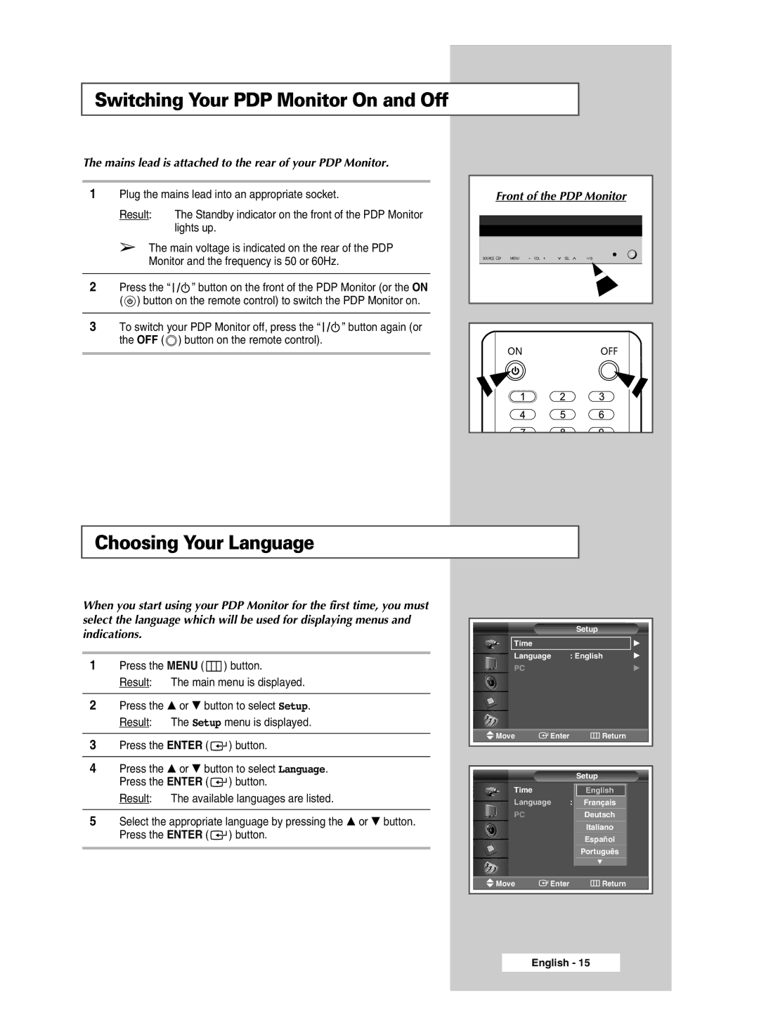 Samsung PS-42A5S manual Switching Your PDP Monitor On and Off, Choosing Your Language 