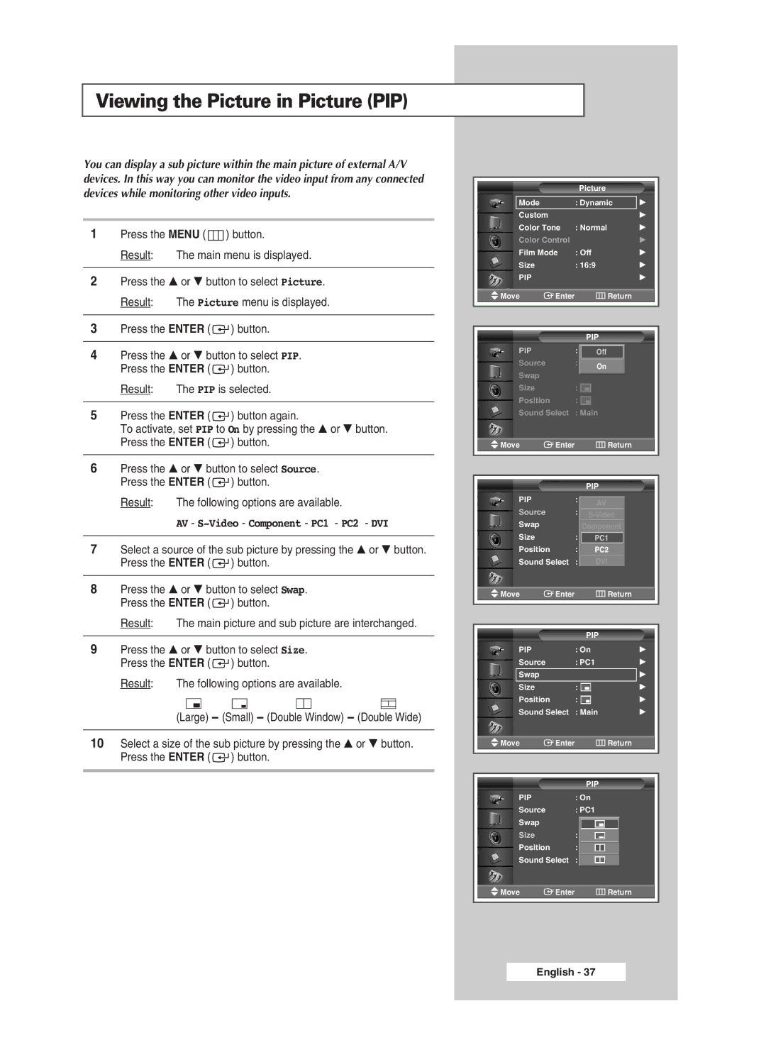 Samsung PS-42A5S manual Viewing the Picture in Picture PIP, AV S-Video Component PC1 PC2 DVI 