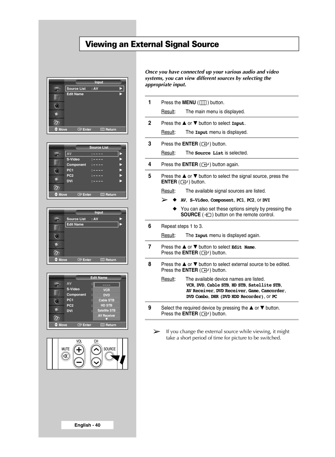 Samsung PS-42A5S manual Viewing an External Signal Source, PC1 PC2 DVI 