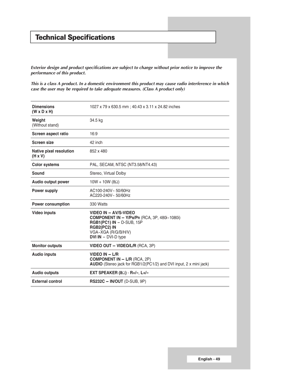 Samsung PS-42A5S manual Technical Specifications, Component in L/R RCA, 2P 