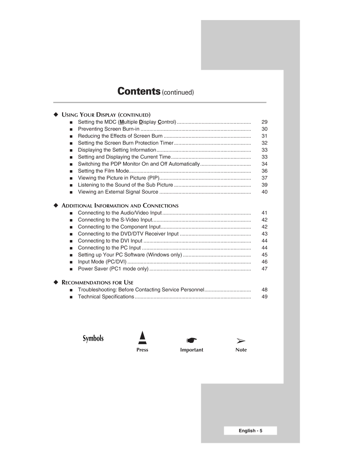 Samsung PS-42A5S manual Symbols 