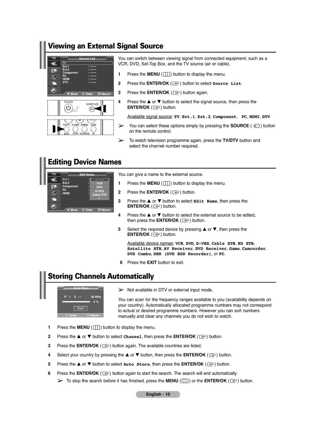 Samsung PS-42C6HD manual Viewing an External Signal Source, Editing Device Names, Storing Channels Automatically 