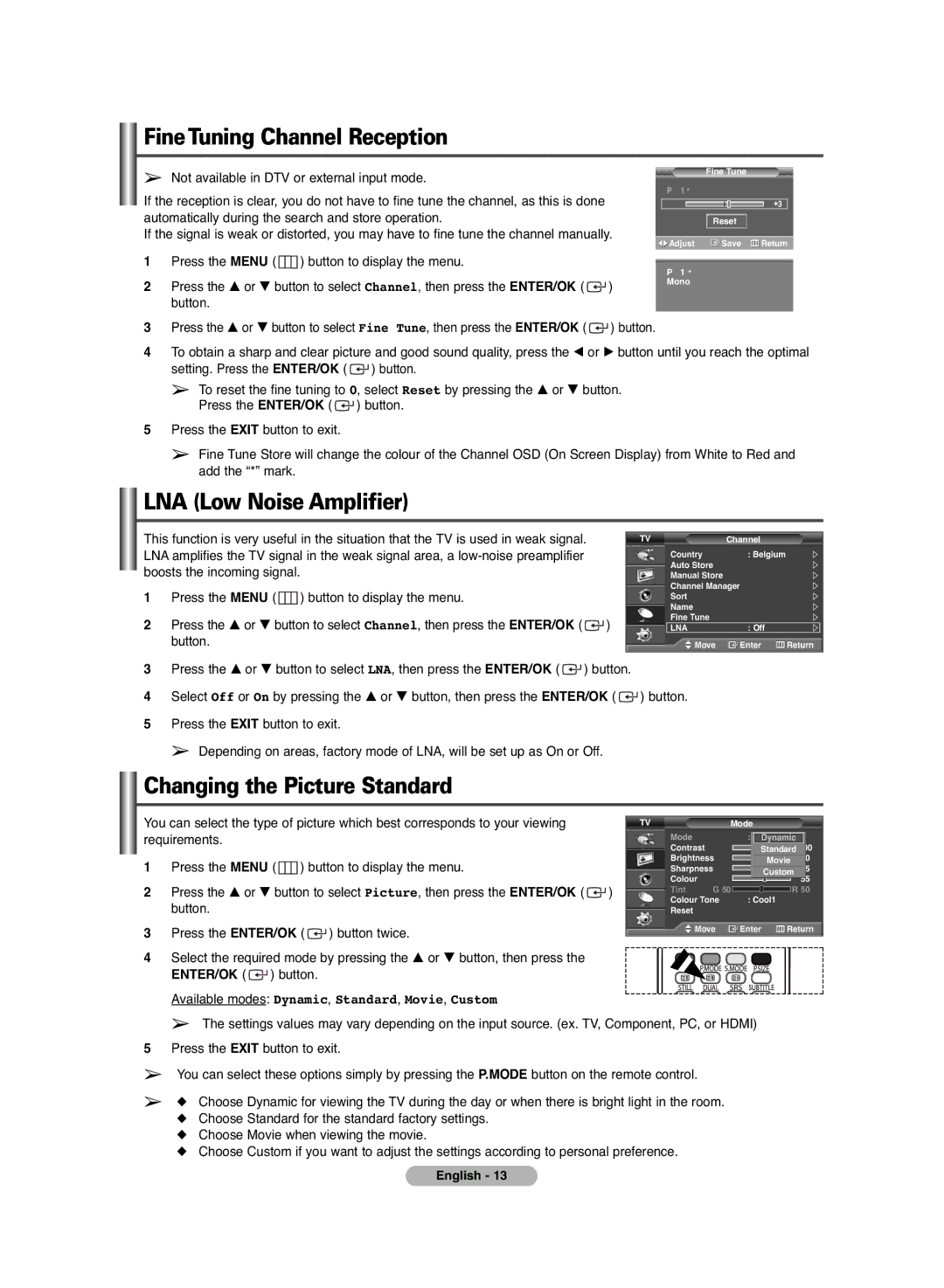 Samsung PS-42C6HD manual FineTuning Channel Reception, LNA Low Noise Amplifier, Changing the Picture Standard 