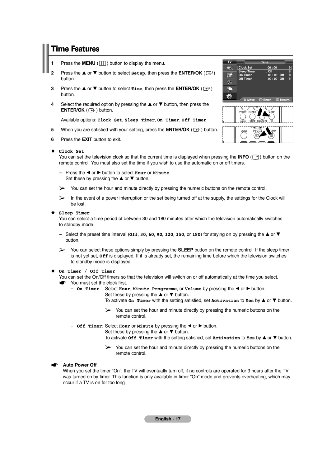 Samsung PS-42C6HD manual Time Features, Clock Set, Sleep Timer, On Timer / Off Timer, Auto Power Off 