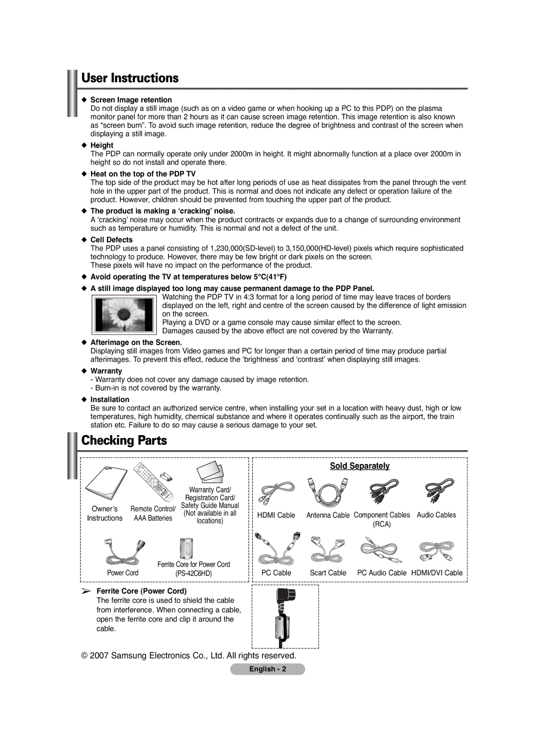 Samsung PS-42C6HD manual User Instructions, Checking Parts 