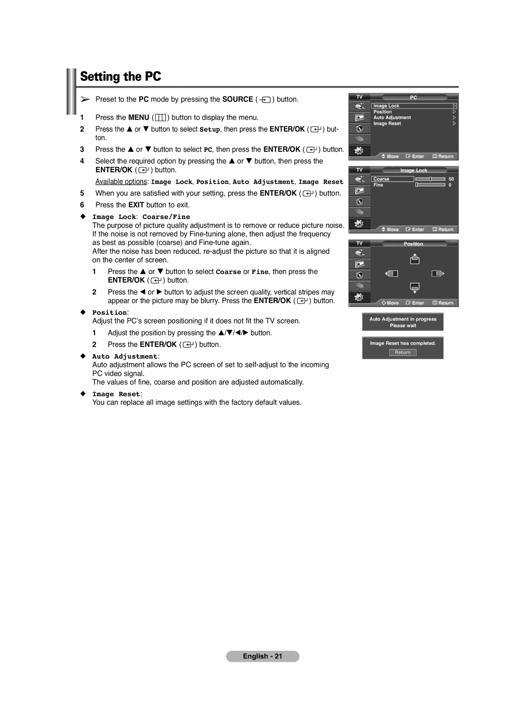 Samsung PS-42C6HD manual Setting the PC, Image Lock Coarse/Fine, Auto Adjustment, Image Reset 