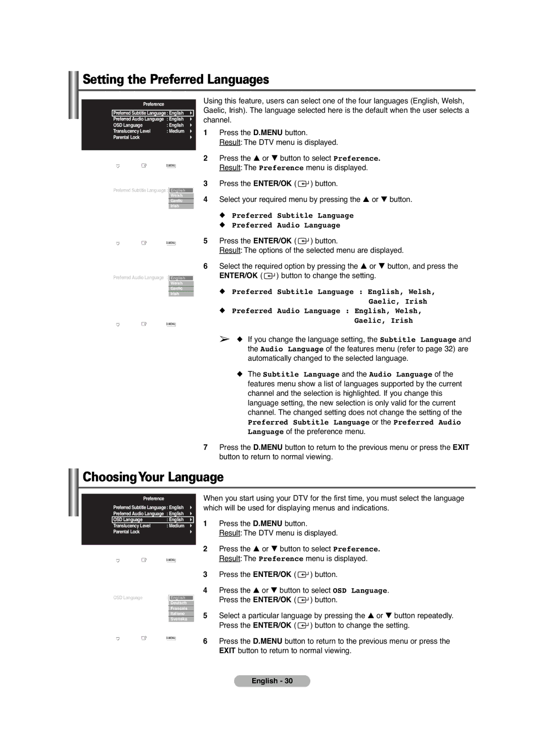 Samsung PS-42C6HD manual Setting the Preferred Languages, ChoosingYour Language 