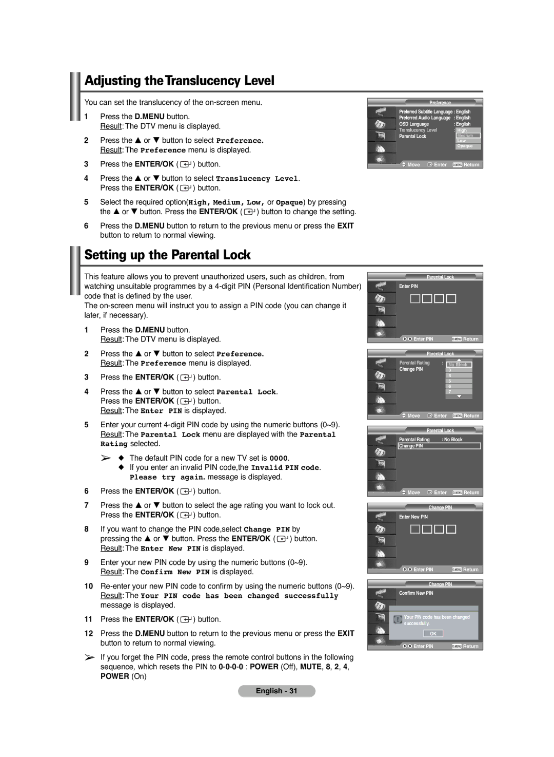 Samsung PS-42C6HD manual Adjusting theTranslucency Level, Setting up the Parental Lock 