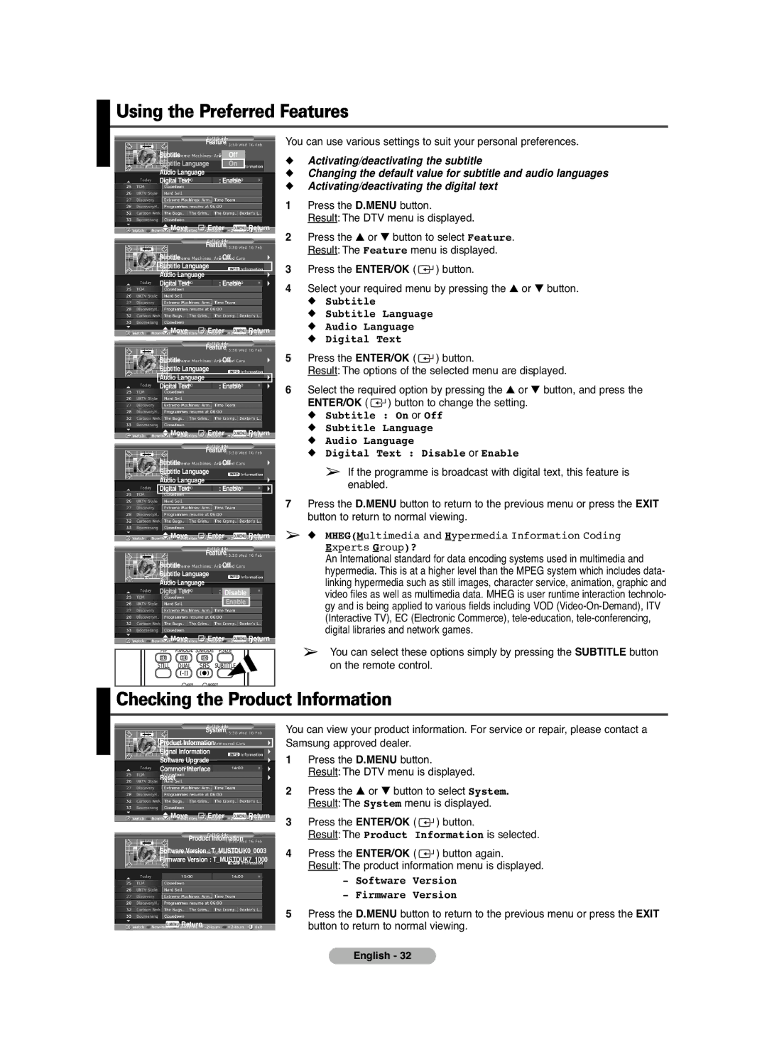 Samsung PS-42C6HD manual Using the Preferred Features, Checking the Product Information, Software Version Firmware Version 