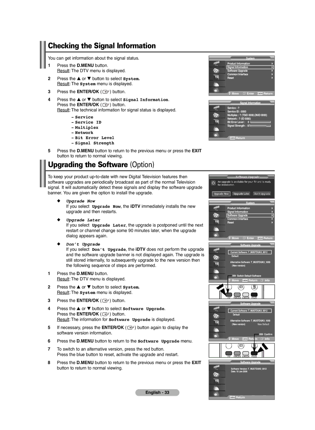 Samsung PS-42C6HD manual Checking the Signal Information, Upgrading the Software Option 