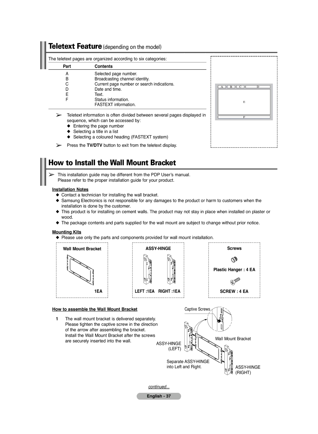 Samsung PS-42C6HD manual How to Install the Wall Mount Bracket 