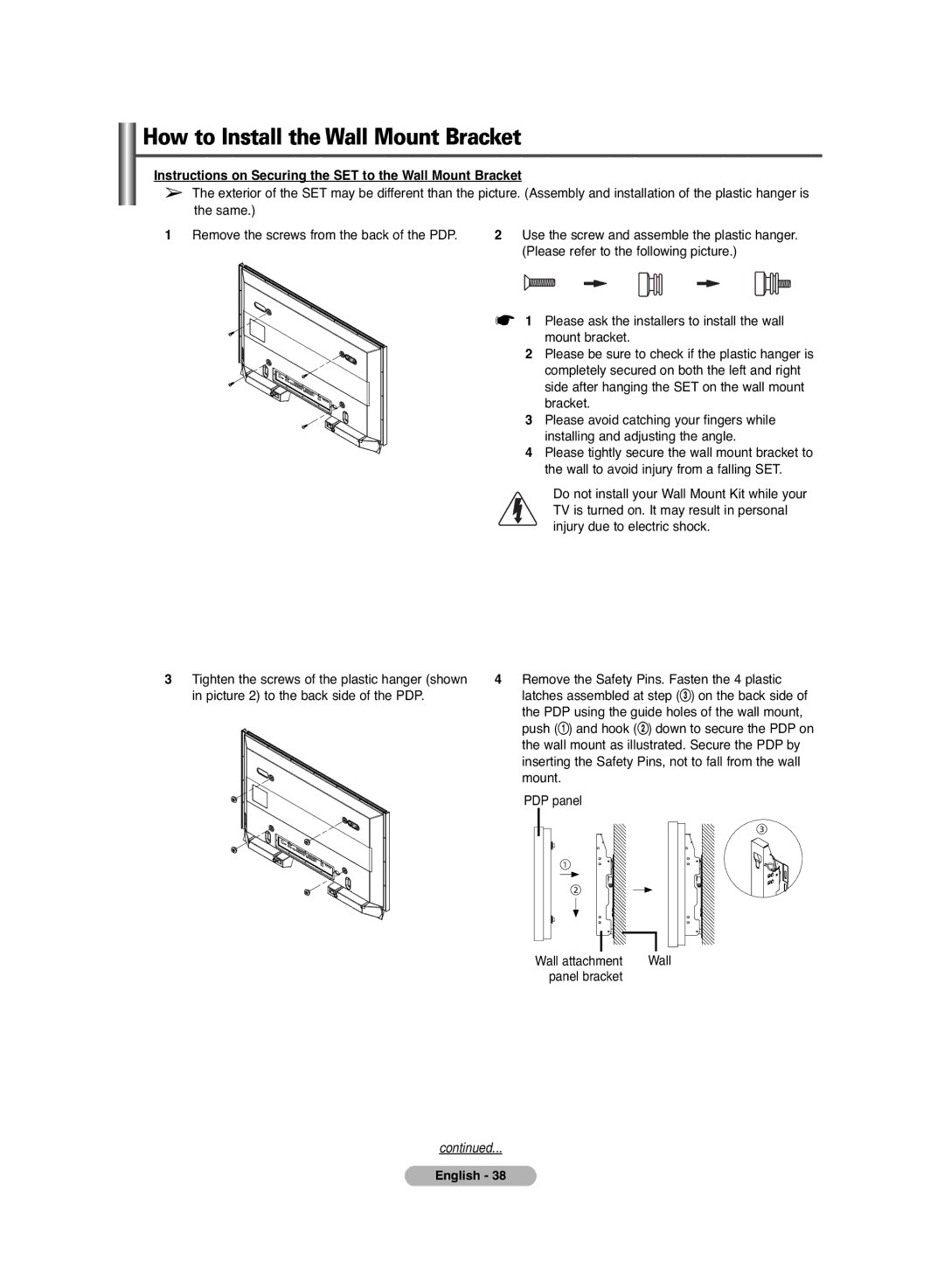 Samsung PS-42C6HD manual Instructions on Securing the SET to the Wall Mount Bracket 