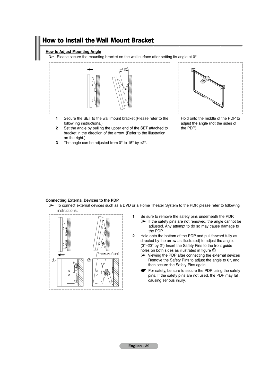 Samsung PS-42C6HD manual How to Adjust Mounting Angle, Connecting External Devices to the PDP 