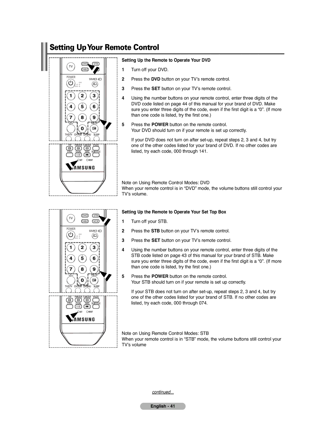 Samsung PS-42C6HD manual Setting UpYour Remote Control 