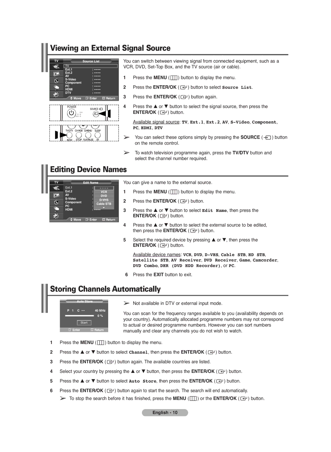 Samsung PS-42C7HD manual Viewing an External Signal Source, Editing Device Names, Storing Channels Automatically 