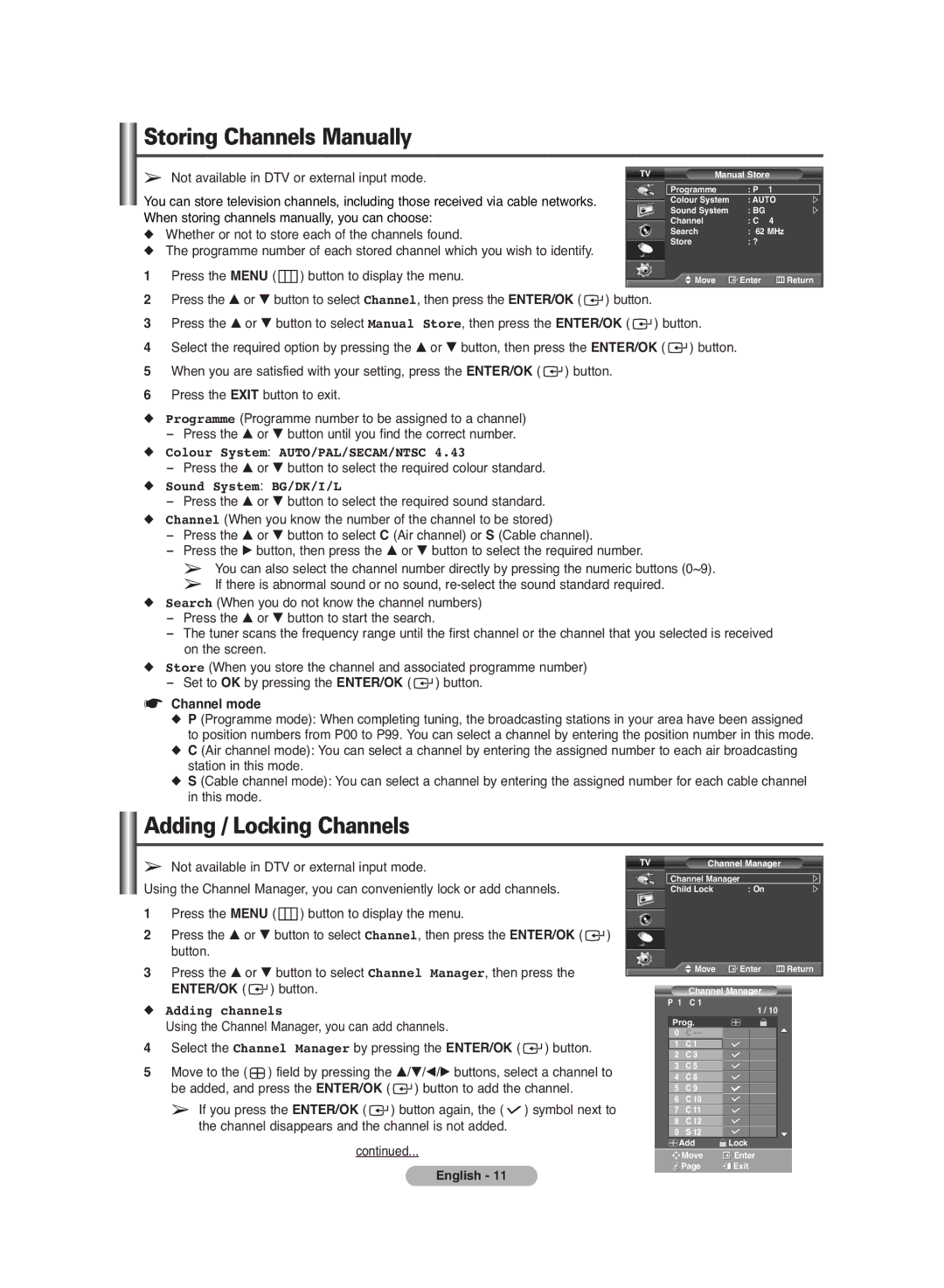 Samsung PS-42C7HD Storing Channels Manually, Adding / Locking Channels, Colour System AUTO/PAL/SECAM/NTSC, Adding channels 