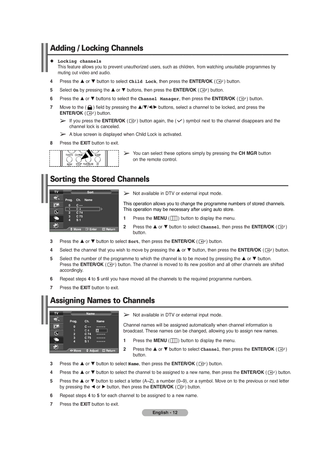 Samsung PS-42C7HD manual Sorting the Stored Channels, Assigning Names to Channels, Locking channels 