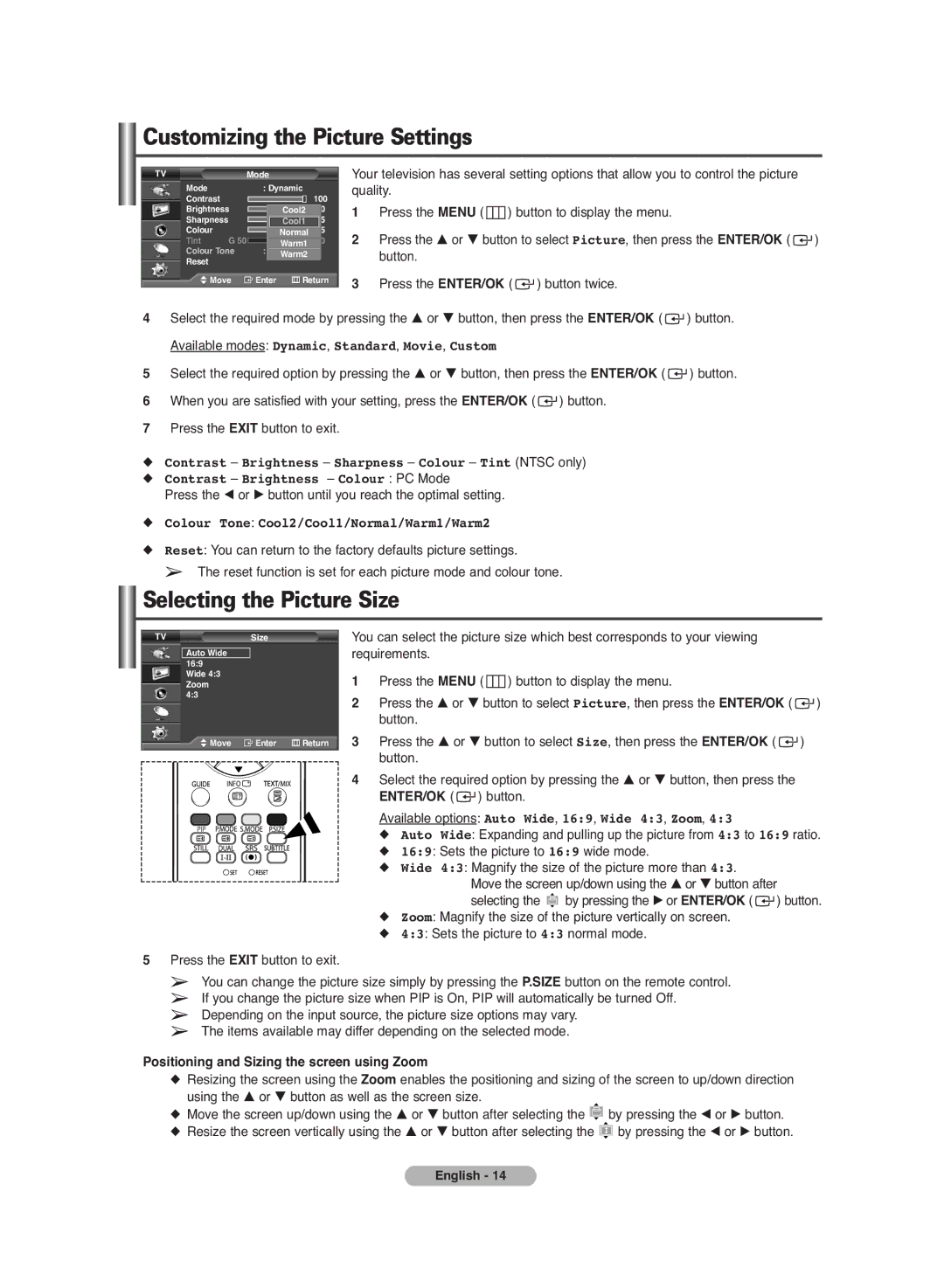 Samsung PS-42C7HD Customizing the Picture Settings, Selecting the Picture Size, Colour Tone Cool2/Cool1/Normal/Warm1/Warm2 