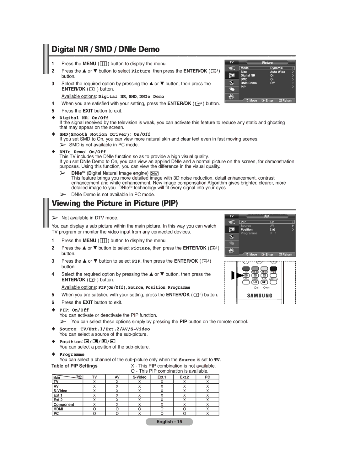 Samsung PS-42C7HD manual Digital NR / SMD / DNIe Demo, Viewing the Picture in Picture PIP, Table of PIP Settings 