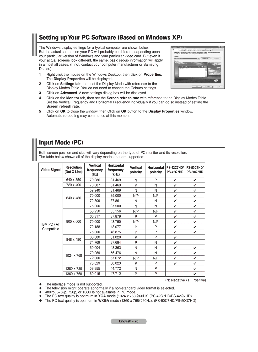 Samsung PS-42C7HD manual Setting upYour PC Software Based on Windows XP, Input Mode PC, Vertical 