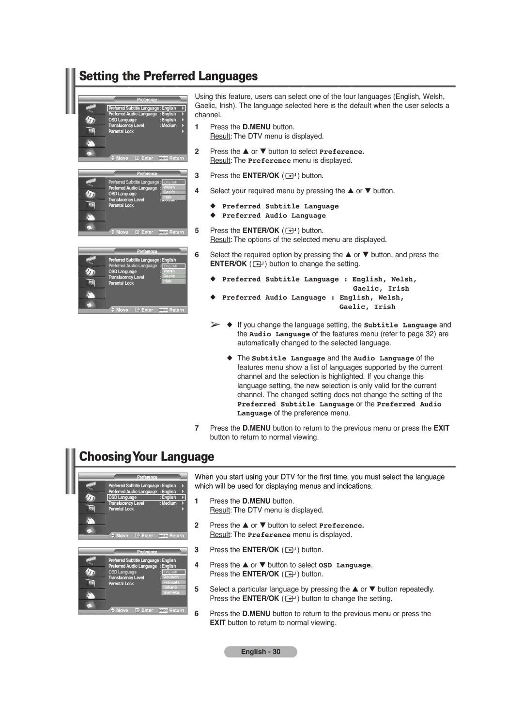 Samsung PS-42C7HD manual Setting the Preferred Languages, ChoosingYour Language 