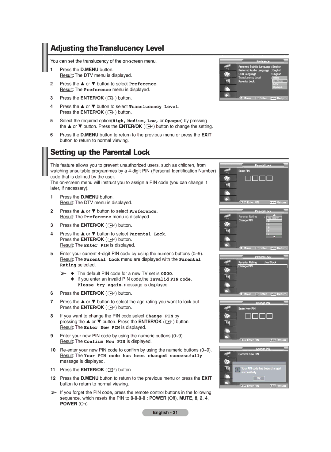 Samsung PS-42C7HD manual Adjusting theTranslucency Level, Setting up the Parental Lock 