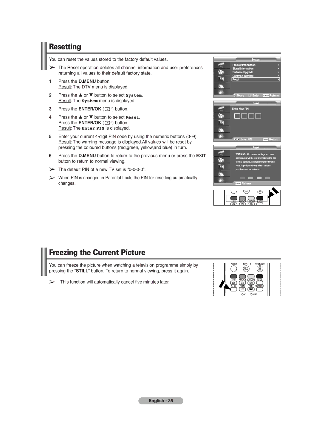 Samsung PS-42C7HD manual Resetting, Freezing the Current Picture 