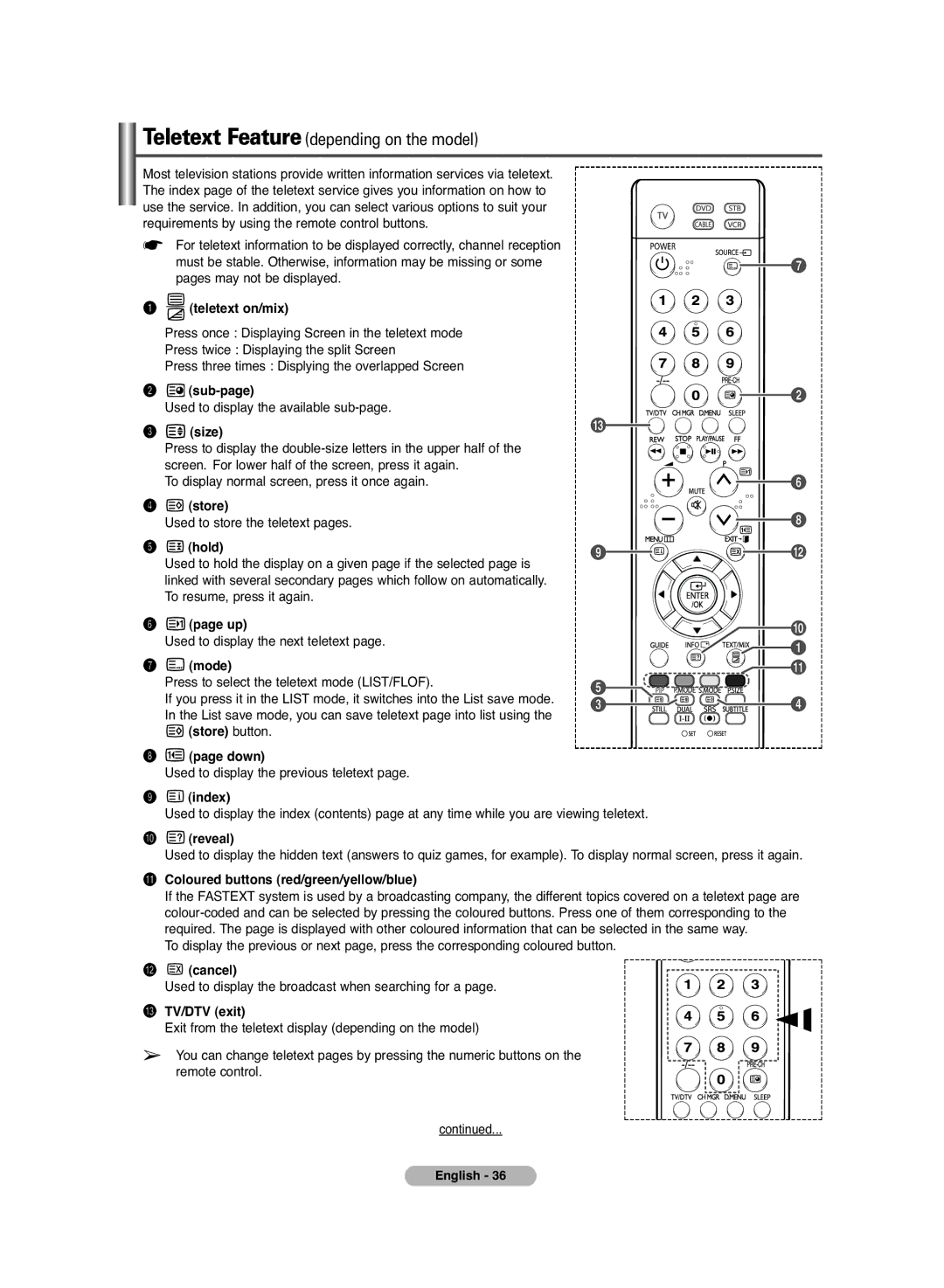 Samsung PS-42C7HD Teletext on/mix, ´ sub-page, Size, ¨ store, Hold, ∏ mode, Store button Down, ’ index, ˝ reveal,  cancel 