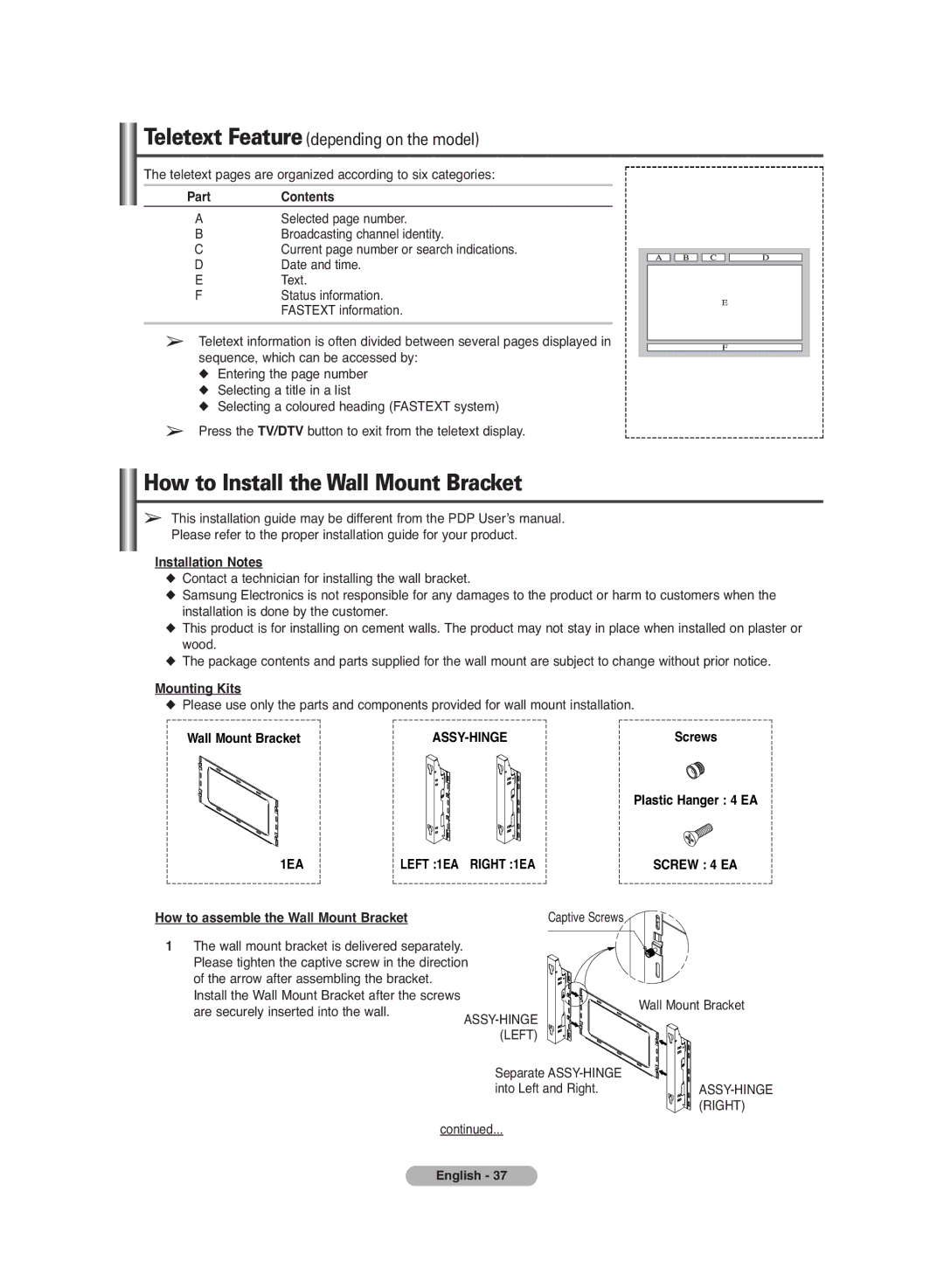 Samsung PS-42C7HD manual How to Install the Wall Mount Bracket 