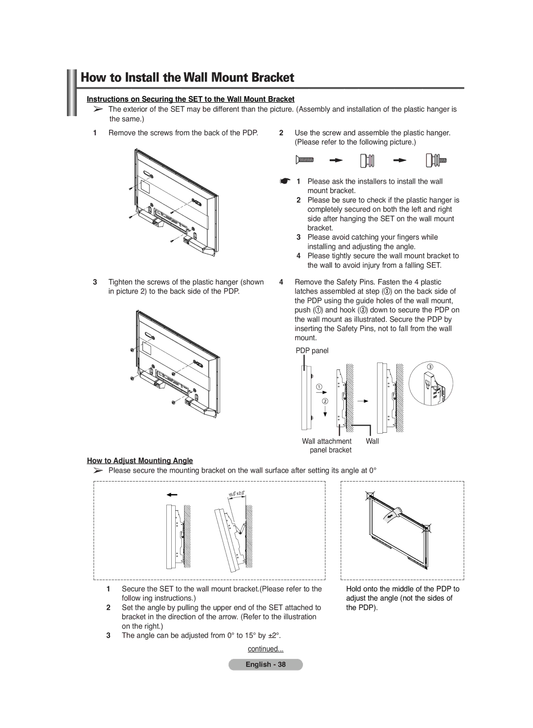 Samsung PS-42C7HD Instructions on Securing the SET to the Wall Mount Bracket, Panel bracket, How to Adjust Mounting Angle 