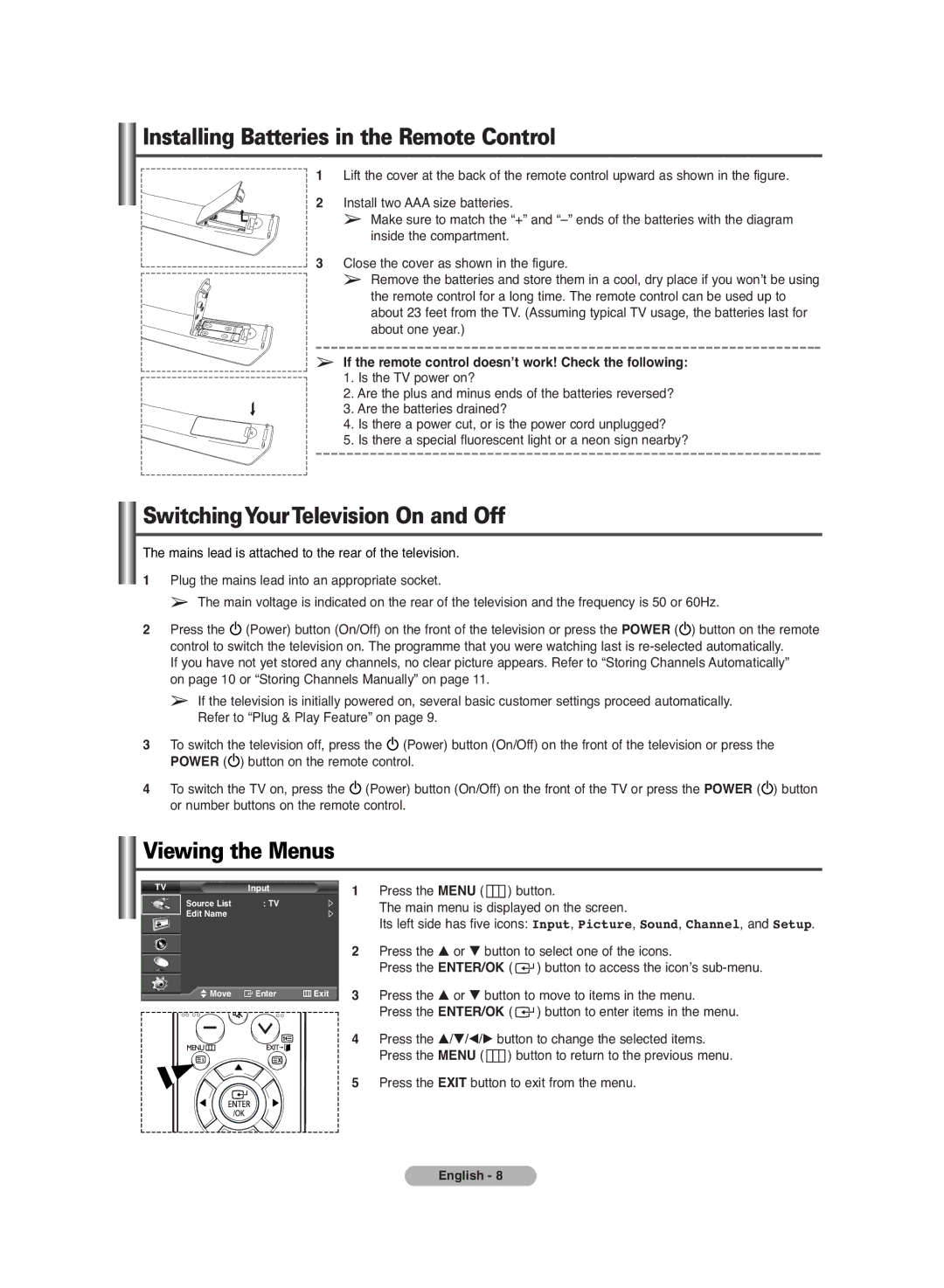 Samsung PS-42C7HD manual Installing Batteries in the Remote Control, SwitchingYourTelevision On and Off, Viewing the Menus 