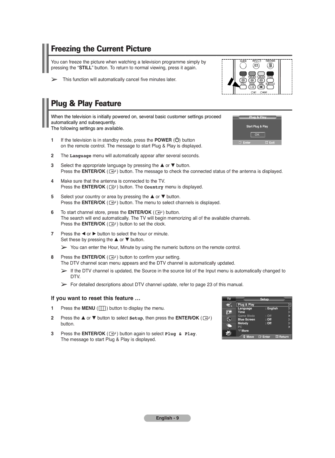 Samsung PS-42C7HD manual Freezing the Current Picture, Plug & Play Feature, Press the Menu button to display the menu 