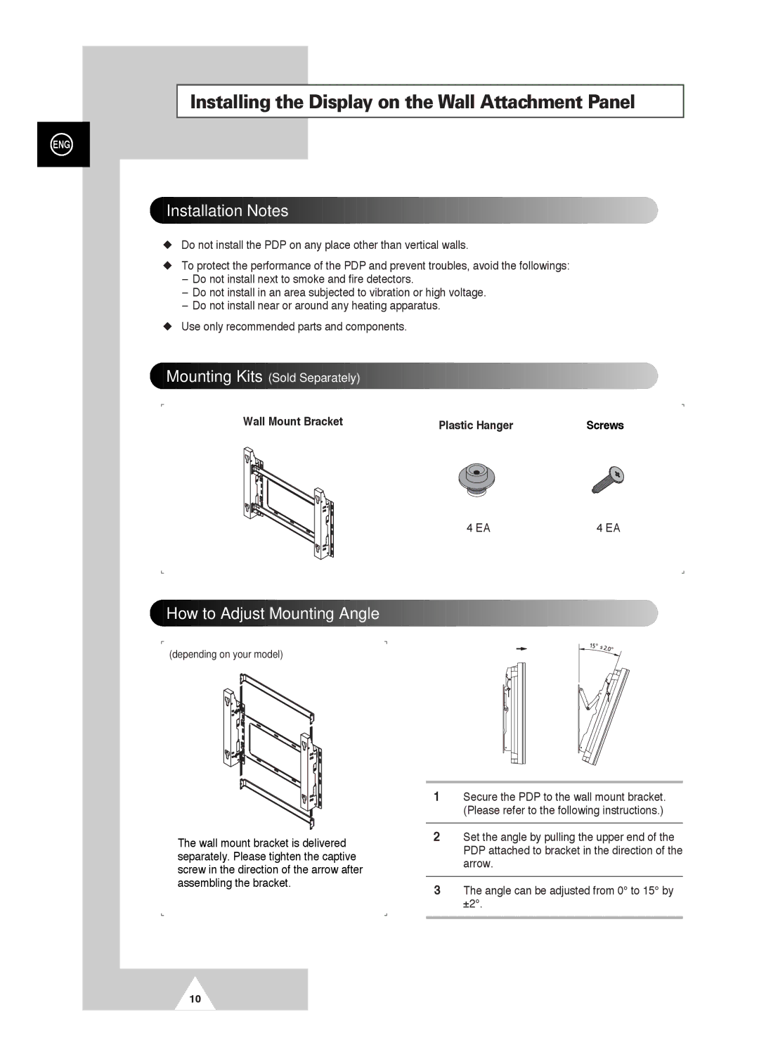 Samsung PS-42D4S manual Installing the Display on the Wall Attachment Panel, Wall Mount Bracket Plastic Hanger 