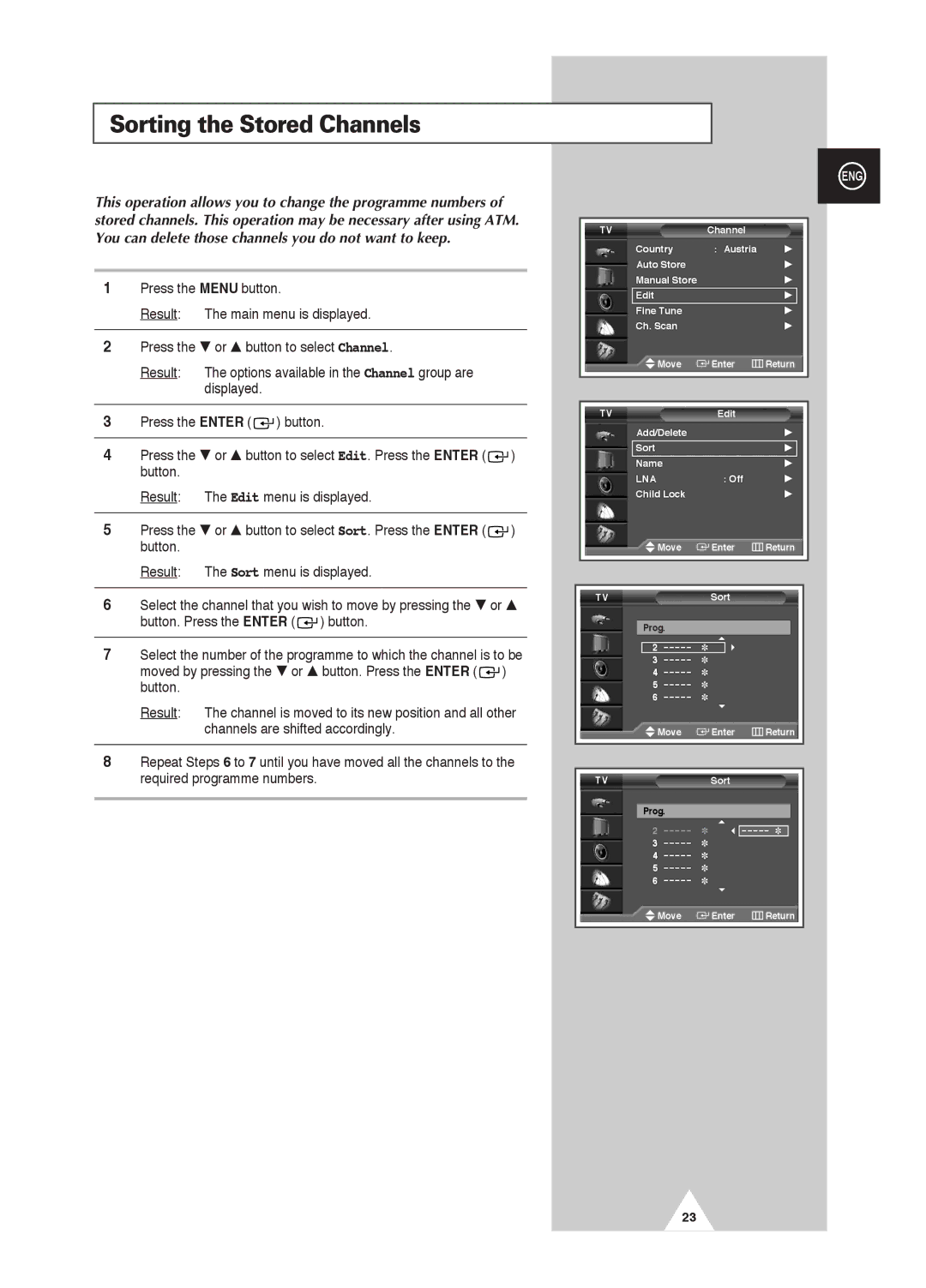 Samsung PS-42D4S manual Sorting the Stored Channels 