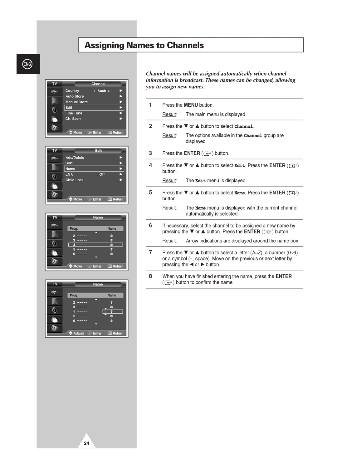 Samsung PS-42D4S manual Assigning Names to Channels 