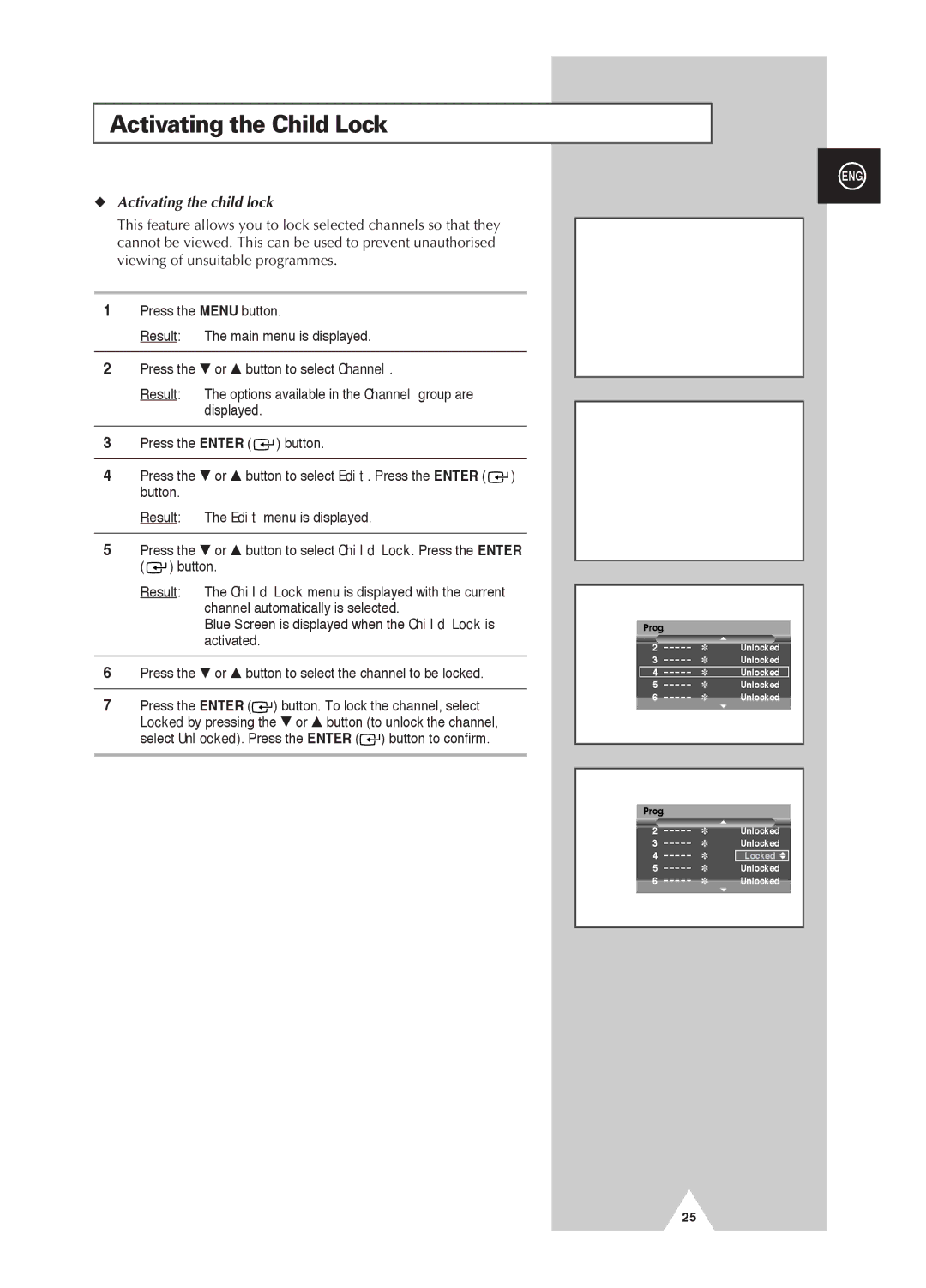 Samsung PS-42D4S manual Activating the Child Lock, Activating the child lock 