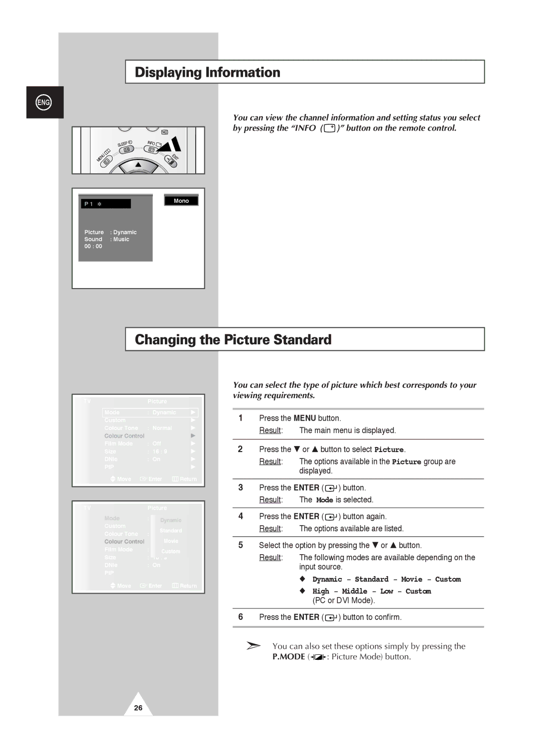 Samsung PS-42D4S manual Displaying Information, Changing the Picture Standard 