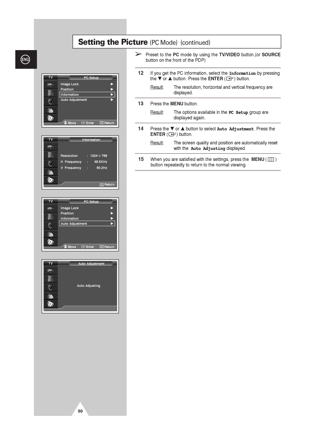 Samsung PS-42D4S manual Setting the Picture PC Mode 