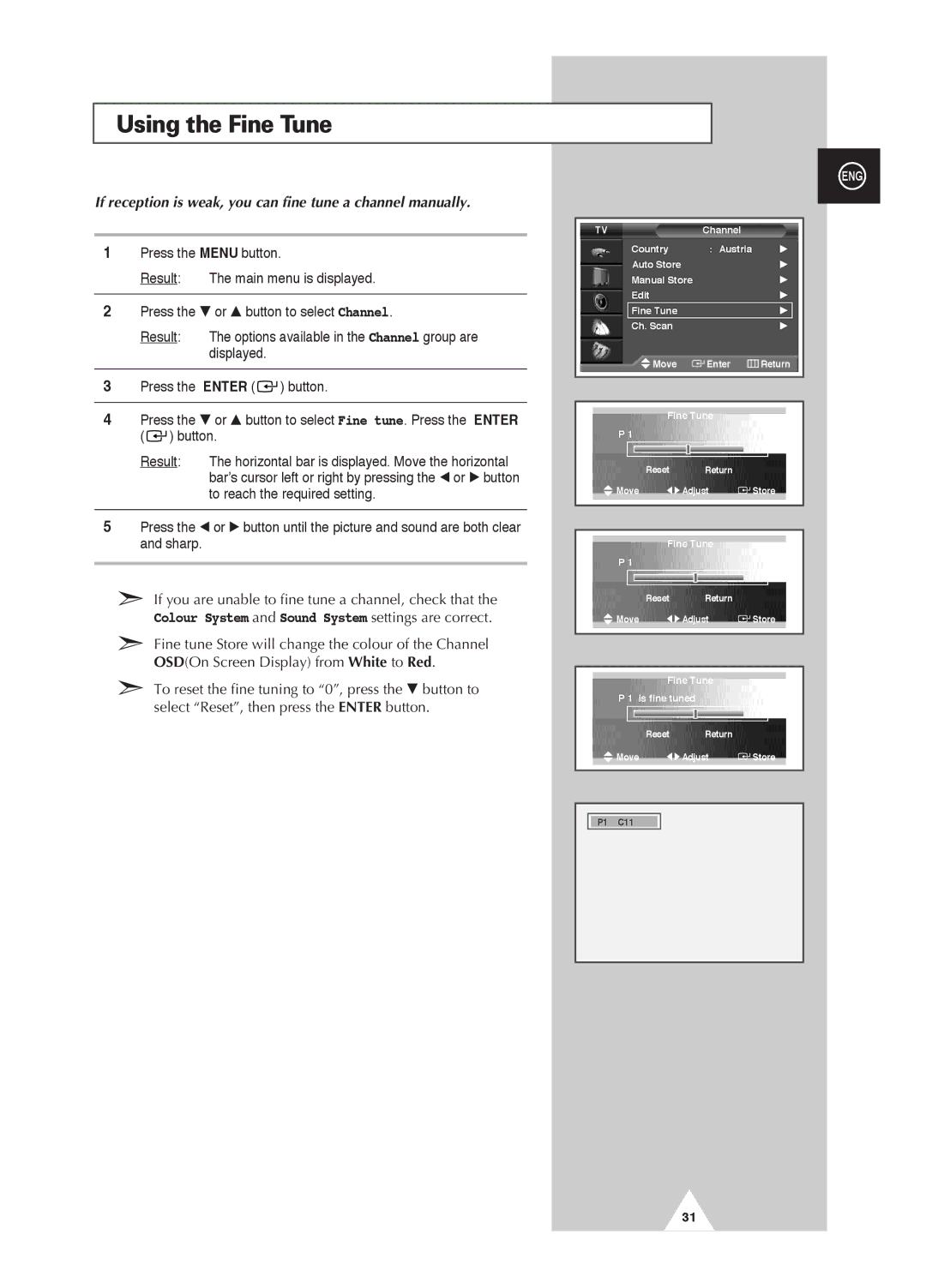 Samsung PS-42D4S Using the Fine Tune, If reception is weak, you can fine tune a channel manually 